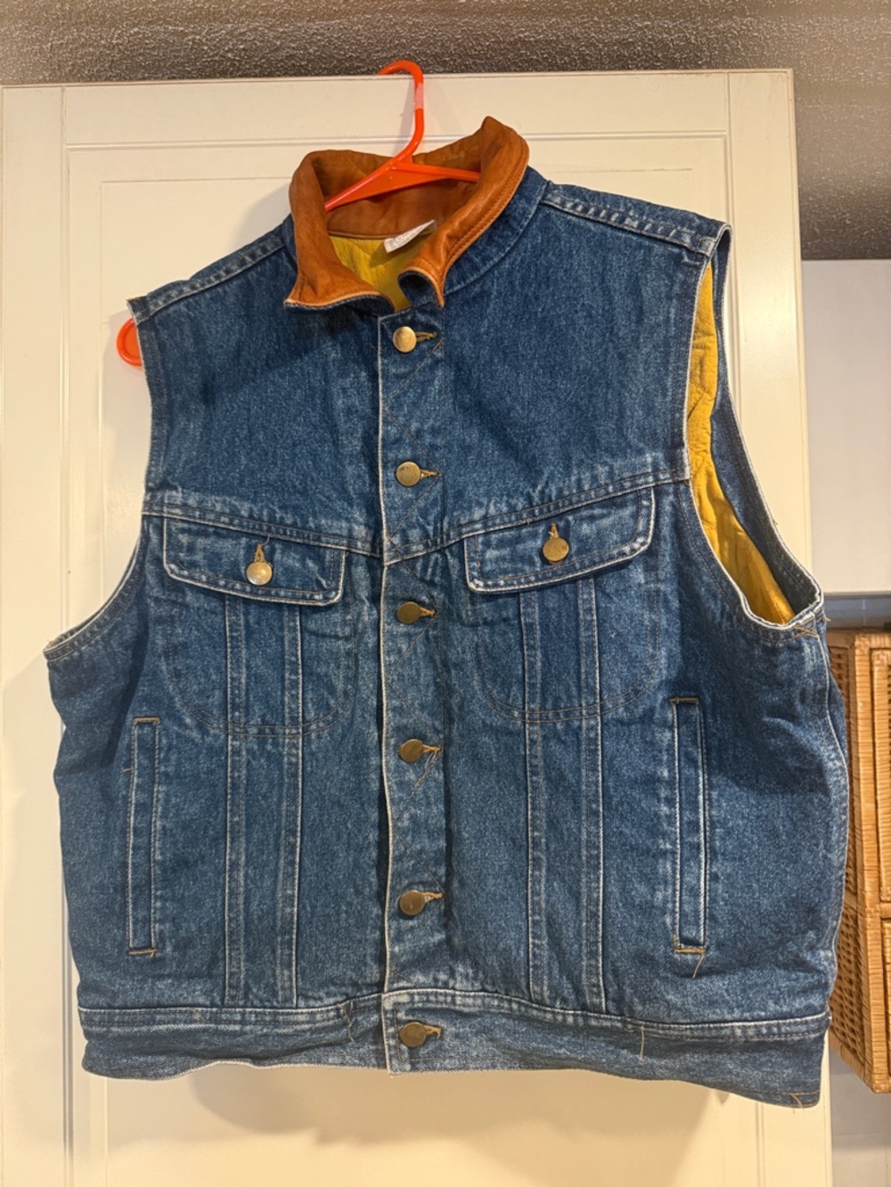 Men's Denim & leather Vest with Brown Collar - Blue + Brown size medium